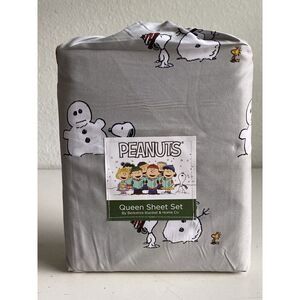 Peanuts Snoopy Woodstock QUEEN SIZE Sheet Set Christmas Snowman Winter Grey NEW